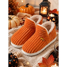 Women's Pumpkin Orange Corduroy House Slippers, Thick Fleece Lined Warm Slippers, Non-Slip EVA Sole Closed Back Indoor Footwear for Fall Halloween  Cold Winter