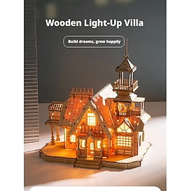 3D Wooden Puzzle for Adults, DIY Miniature Villa House Kit with USB Powered Night Light, 267 Pcs Laser Cut Wood Model Building Kit, Creative Craft Gifts Home D