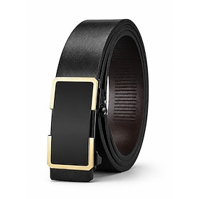 Men's Genuine Leather Automatic Buckle Belt, Minimalist Square Buckle Business Dress Belt for Office, Banquet, Wedding, Formal Dinner, Work, Commuting and Dail