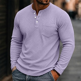 Men's Waffle Henley Shirt Tee Long Sleeve Solid Color Plain Textured Fashion Designer Casual Pocket Buttons Henley Casual Daily Outdoor Summer Spring Fall Pink