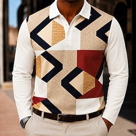 Men's Color Block Geometic Polo Shirts Long Sleeve Polo Shirts Lapel Casual Outdoor Athleisure Daily Wear 3D Print Buttons Fall  Winter Blue Purple Brown