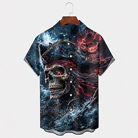 Halloween Men's Skull Haunted Pirate Ship Halloween Button Down Shirt Casual Shirt Button Up Shirt Short Sleeve Gothic Horror Dark Streetwear Vacation Carnival
