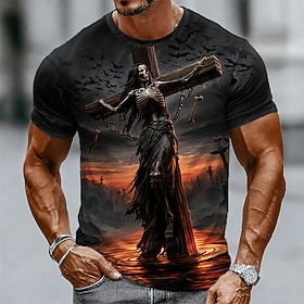 Halloween Men's Skull Optical Illusion Cross T Shirt Short Sleeve T shirt 3D Print Crew Neck Shirt Exaggerated Designer Horror Club Party Street Black Red Purp