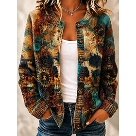 Women's Sweater Fashion Daily Casual Floral Graphic Geometric Crew Neck Buttons Print Long Sleeve Long Tops Knit Daily Outdoor Weekend Yellow Red Summer Spring