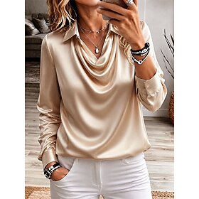 Women's Satin Shirt Satin Halter Top Dressy Tops Solid Color Plain Daily Stylish Casual Long Sleeve Cowl Neck Shirt Collar Regular Tops Casual Daily Work Sky g