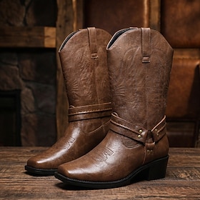 Men's Brown Western Boots, Square-Toe Pull-On Mid-Calf Cowboy Boots with Wraparound Buckle Strap and Block Heel for Mature Men, Rodeos, Riding and Country Even