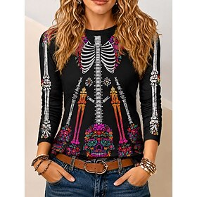 Halloween Women's T Shirt Print Floral Graphic Skull Vintage Fashion Stylish Long Sleeve Crew Neck Regular Tops Casual Daily Weekend Pink Purple Orange Summer