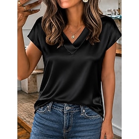 Women's Satin Shirt Satin Halter Top Dressy Tops Solid Color Plain Daily Stylish Casual Short Sleeve Long Sleeve Cowl Neck V Neck Shirt Collar Long Tops Casual