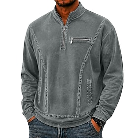 DenimTone™ Men's Polo Shirts Acid Wash Shirt Casual Turndown Long Sleeve Fashion Modern Solid Color Textured Zipper Pocket Fall  Winter Regular Blue Pink Purpl