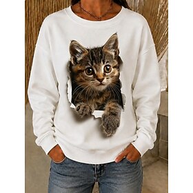 Women's Sweatshirts Graphic Cat Elegant Warm Fashion Long Sleeve Crew Neck Regular Tops Casual Home Dailywear White Black Pink Spring Fall Winter