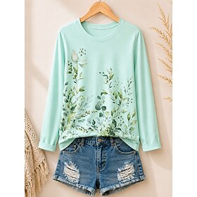 Women's Cotton Shirt Floral Graphic Plants Vintage Fashion Stylish Long Sleeve Crew Neck Round Neck Long Tops Casual White Light Green Pink Apricot Summer Spri