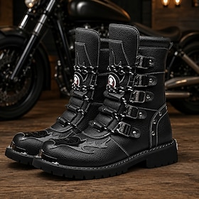 Men's Black Tactical Combat Boots, Lace-Up Military Style Ankle Boots with Multiple Buckle Straps for Outdoor Men, Riding, Festivals and Adventure Travel