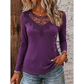 Women's Lace Splicing Top Texture Buttons Elegant Vintage Long Sleeve Turtleneck Casual Blue Purple Fall
