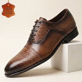 Men's Genuine Leather Dark Brown Oxford Shoes, Textured Cap-Toe Lace-Up Dress Shoes with Burnished Finish for Mature Gentlemen, Business, Weddings and Formal E
