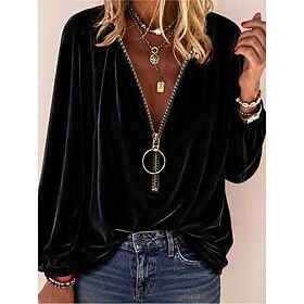 Women's Dressy Tops Velvet Blouse Solid Color Plain Elegant Party Retro Vintage Long Sleeve V Neck Regular Tops Casual Black Wine Army Green Navy Blue Fall Win