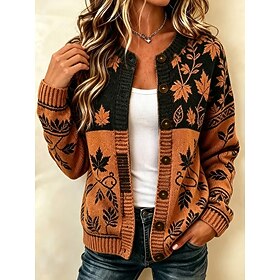 Women's Cardigan Fashion Daily Casual Floral Graphic Ribbed Crew Neck Buttons Print Long Sleeve Regular Tops Knit Daily Outdoor Date Orange Fall Winter