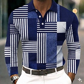 Men's Geometric Color Block Polo Shirts Long Sleeve Polo Shirts Lapel Business Casual Outdoor Daily Wear 3D Print Buttons Spring Fall Blue Black Navy Blue