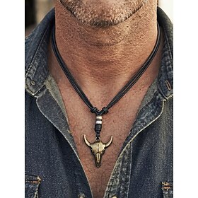 Men's Alloy Bull Head Pendant Necklace with Genuine Leather Cord, Black Brown Western Cowboy Statement Necklace for Casual Wear, Travel, Festivals, Rodeo, Bike