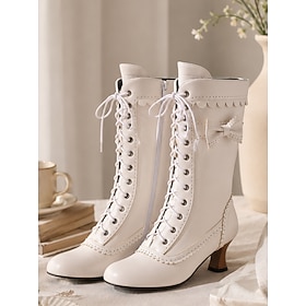 Women's White Victorian Boots - Leather Scalloped Bow Lace-Up Mid-Calf Kitten Heel Shoes for Vintage Tea Parties, Cosplay  Retro Outfits