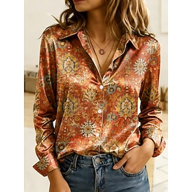 Women's Shirt Buttons Print Graphic Geometric Elegant Daily Stylish Long Sleeve Shirt Collar Regular Tops Casual Daily Work Orange Spring Fall