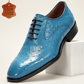Men's Premium Genuine Leather Ostrich-Embossed Oxford Shoes, Blue Lace-Up Luxury Dress Shoes for Stylish Men, Business, Parties and Formal Events
