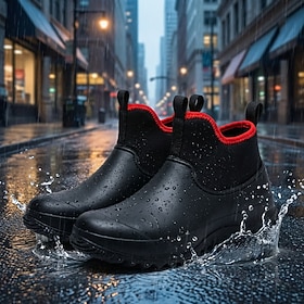 Men's Black and Red Ankle Rain Shoes, Pull-On Low-Cut Boots with Cushioned Chunky Non-Slip Sole for Active Men, Commuting, Gardening and Outdoor Work