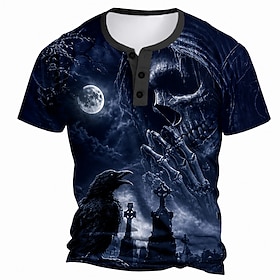 Men's Halloween Skull Henley Shirt Short Sleeve Casual Helloween Dark Casual Halloween Party Spring All Seasons Blue White Red Henley Henley T-Shirt