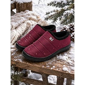 Women's Burgundy Waterproof Cloth Slip-On Snow Booties, Thick Fleece Lined Non-Slip Warm Winter Shoes for Elderly Seniors, Snowy Cold Weather Indoor  Outdoor D