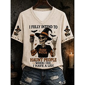 Halloween Women's T Shirt Print Graphic Pumpkin Abstract Vintage Stylish Classic Short Sleeve V Neck Regular Tops Casual Daily Weekend Black Beige Gray Summer