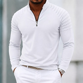 Men's Polo Shirts Quarter Zip Polo Casual Daily Standing Collar Long Sleeve Basic Leisure Plain Ruched Zip Up Fall Winter Slim White Depression Green Black Pi