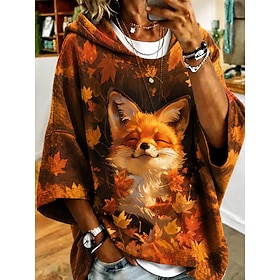 Women's Pullover Hoodie Sweatshirt Print Graphic Animal Casual 3/4 Length Sleeve Hooded Regular Tops Casual Street Dailywear Yellow Orange Apricot Fall Winter