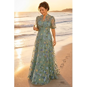 A-Line Dress Floor Length Mother of the Bride Dress Short Sleeve V Neck High Neck Elegant Vintage Luxurious Formal Wedding Guest Semi Formal Lace with Floral P