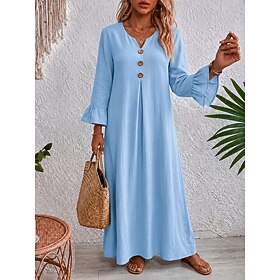 Women's Maxi Dress Casual Dress Casual Flowy Semi Formal Flared Sleeve Plain Long Sleeve V Neck Blue Ice Blue Green Summer Spring Fall