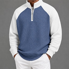 Men's Waffle Polo Shirts Textured Casual Formal Quarter Zip Banded Collar Long Sleeve Fashion Solid Color Textured Color Block Buttons Fall Winter All Seasons