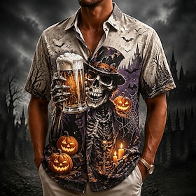Halloween Men's Skull Oktoberfest Beer Button Down Shirt Casual Shirt Button Up Shirt Short Sleeve Casual Streetwear Vacation Carnival Summer Collared Shirts B