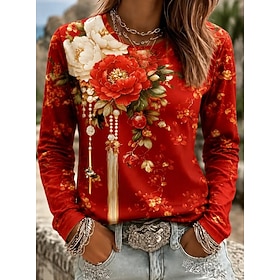 Women's T Shirt Print Floral Graphic Plants Fashion Classic Casual Long Sleeve Crew Neck Regular Tops Casual Daily Weekend Red Spring Fall