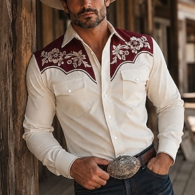 Men's FloralPlants Cowboy Western Shirt Button Up Shirt Long Sleeve Vintage Western Casual Daily Outdoor Spring Fall Winter Collared Shirts Retro Graphic RoseW