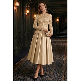 A-Line Tea Length Cocktail Dresses Party Dresses Elegant Sparkle Long Sleeve Crew Neck Christmas Wedding Guest Satin Velvet with Pleats Sequin