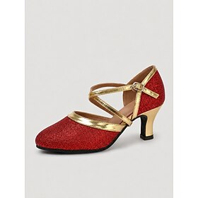 Women's Red Crisscross Strap Closed Toe Dance Heels, Mid Heel Professional Footwear with Non-slip Rubber Sole for Latin, Salsa Cha-Cha Competition  Stage Perfo