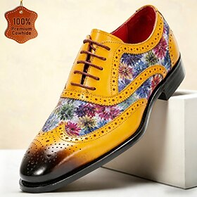 Men's Premium Genuine Leather Floral Print Oxford Shoes, Yellow Wingtip Brogue Lace-Ups for Fashion-Forward Men, Weddings, Parties and Special Events