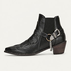 Men's Black Western Cowboy Boots, Faux Leather Ankle Boots with Pointed Toe, Cuban Heel, Elastic Side Panel  Metal Charm Detail for Rodeo, Festival, Casual Str