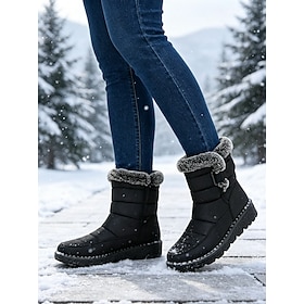 Women's Black Snow Boots with Faux Fur Lining, Quilted Mid-Calf Winter Boots with Side Buckle and Lug Sole for Outdoor Walking, Travel and Everyday Cold Weathe