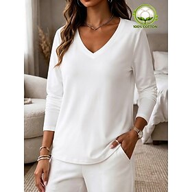Women's 100% Cotton T Shirt Modern Casual Breathable Long Sleeve V Neck Regular Tops Casual Daily Going out White Spring
