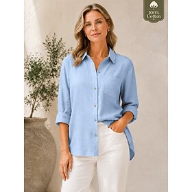 Women's 100%cotton Shirt Button Up Blouse Long Cotton Top Pocket Buttons Plain Fashion Casual Neon Bright Long Sleeve Shirt Collar Regular Tops Casual Blue De