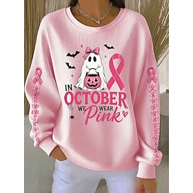Halloween Women's Pullover Print Graphic Letter Warm Classic Casual Long Sleeve Crew Neck Regular Tops Casual Home Street White Pink Dark Pink Fall Winter