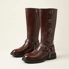 Men's Vintage Knee High Motorcycle Boots with Triple Buckle Straps, Rugged Biker Riding Boots for Mature Men, Touring and Casual Wear