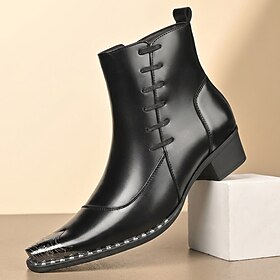 Men's Black Lace-Up Dress Boots, Square-Toe Side-Zip Ankle Boots with Metal Toe Accent and Block Heel for Mature Men, Business, Office and Formal Events