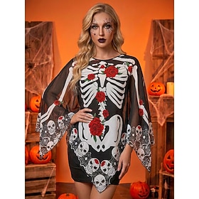Poncho-Umhang mit Skelettmuster für Damen mit transparenten, weiten Ärmeln, Halloween-Kostüm für Partys, Cosplay und Geisterhaus-Events