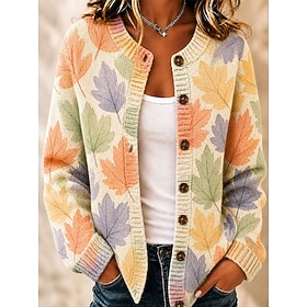 Women's Cardigan Fashion Daily Casual Floral Graphic Ribbed Crew Neck Buttons Print Long Sleeve Regular Tops Knit Daily Outdoor Date Yellow Green Fall Winter