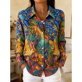 Women's Waffle Shirt Blouse Buttons Print Floral Graphic Vacation Vintage Daily Long Sleeve Shirt Collar Regular Tops Casual Daily Outdoor Blue Yellow Orange S